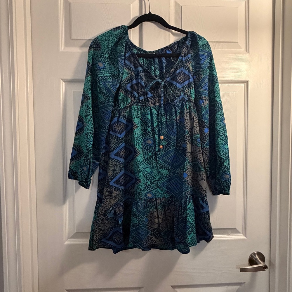 Earthbound Trading Co Boho Tunic Dress Blue Small Geometric Festival Casual